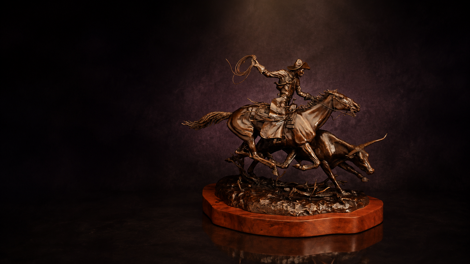 The Cowpuncher bronze by Jim Stuckenberg, illuminated in a contemporary gallery