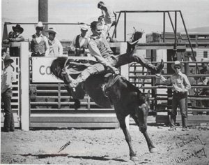 Jim riding the saddle bronc Whiz-Bang in 1968